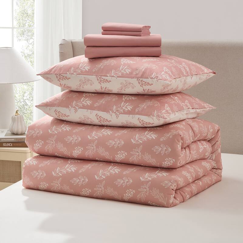Empyrean 7 Pc Botanical Comforter Set with Sheets, Soft Breathable Lightweight Bedding Bag