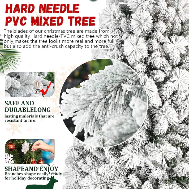 4FT Flocked Christmas Tree with 150 Warm White LED Lights-350Tips,Snowy PVC&Hard Needle Branches,Hinged Design for Easy Setup