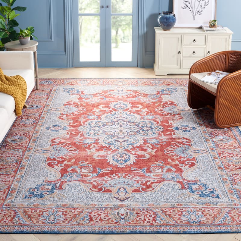 SAFAVIEH Tucson Machine Washable Slip Resistant Mintie Oriental Rug - 9' x 12' - Rust/Blue