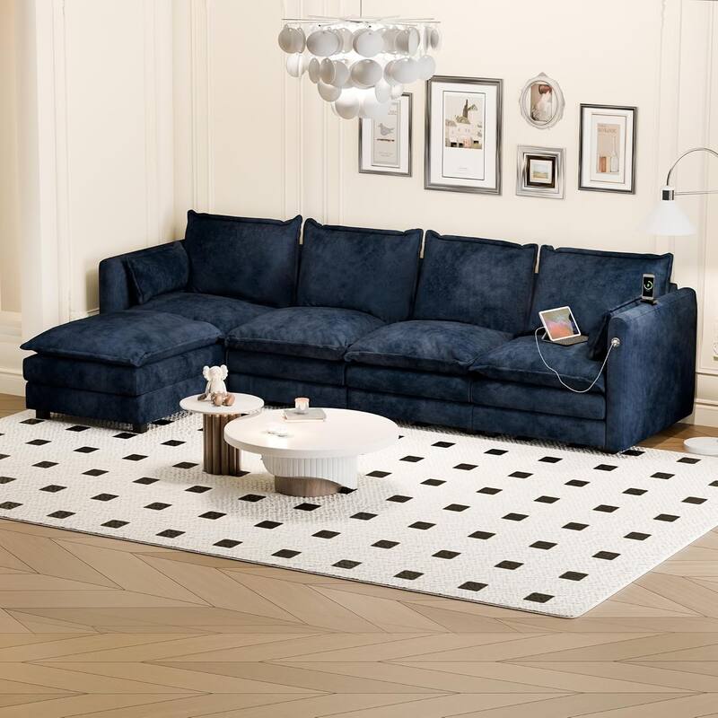 Modular Sectional Sofa L Shaped Couch, 3/4 Seat Sofa Set with Ottoman, Chenille Fabric - Blue-4 Pieces