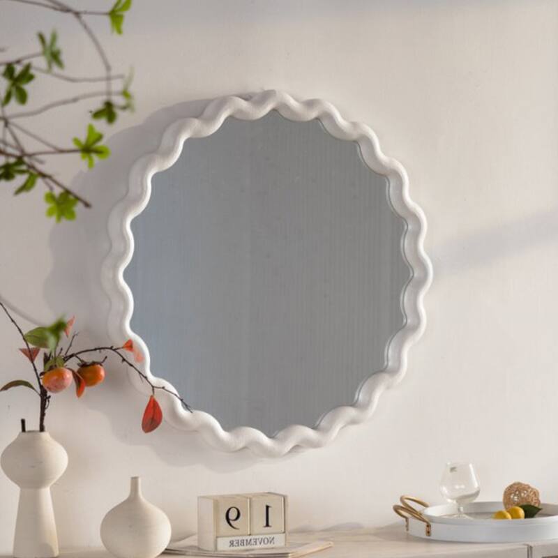 White Scalloped Round Wall Mirror - Wavy Frame Decor for Living Room, Bedroom, Bathroom
