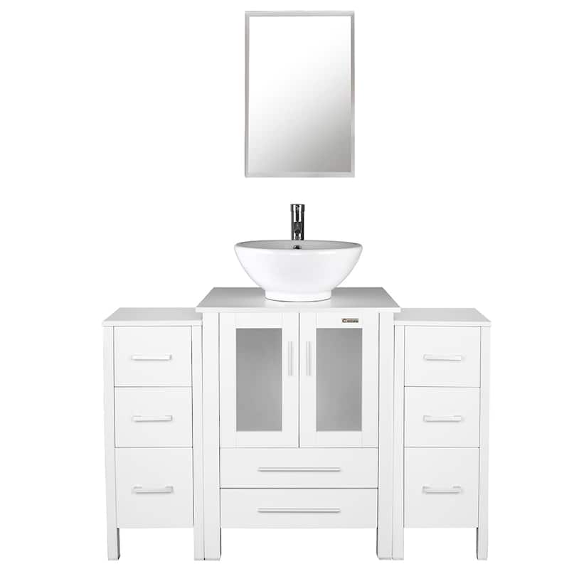 48" Bathroom Vanity Set Vessel Sink Mirror Faucet W/ Small Cabinet Combo - white ceramic round sink - White