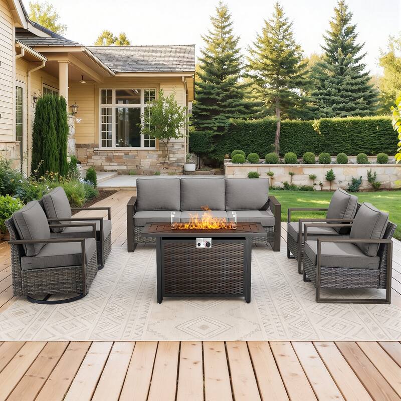 Meyreso Wicker Outdoor Patio Metal Fire Pit Set with Swivel Gliders and Olefin Cushions