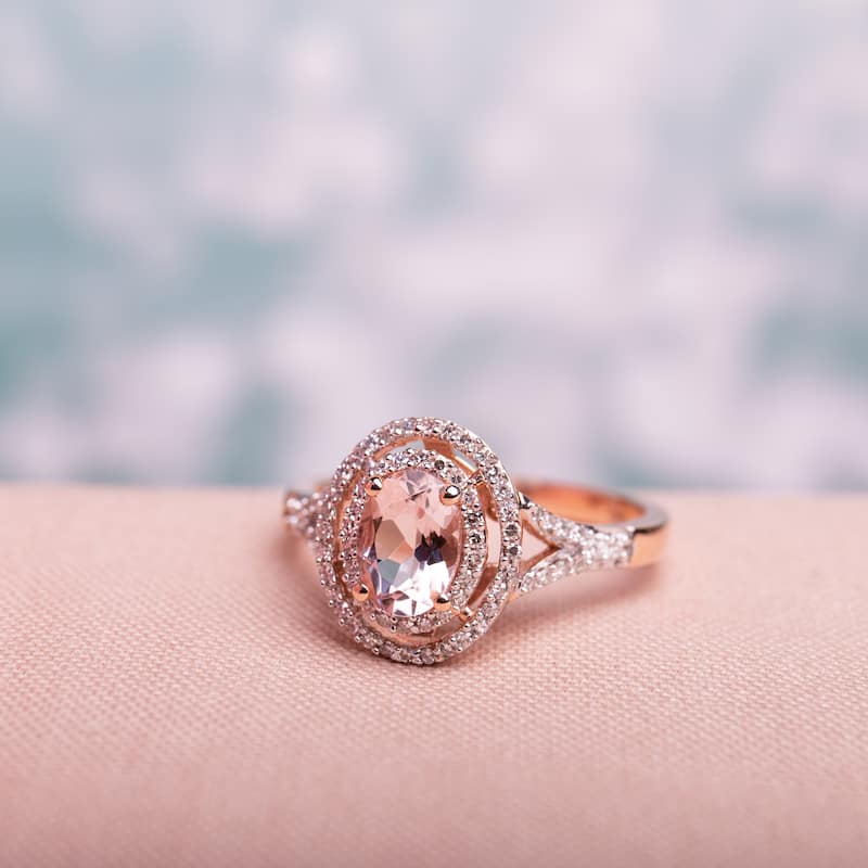 Miadora 14k Rose Gold Oval-cut Morganite and 1/4ct TDW Diamond Double Halo Engagement Ring