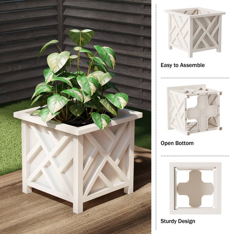 Lattice Design Planter Box – 14.75-Inch-Square Decorative Outdoor Flower or Plant Pot by Pure Garden (White)