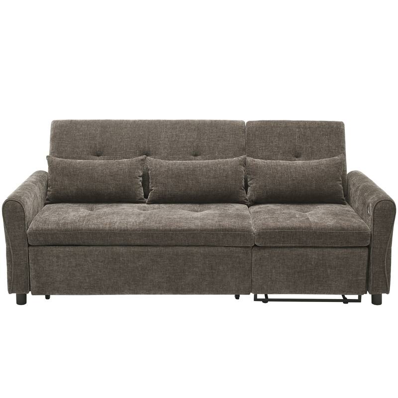 82" Chenille 2-in-1 Sofa Bed with Adjustable Backrest, Reversible Chaise, USB Charging Ports