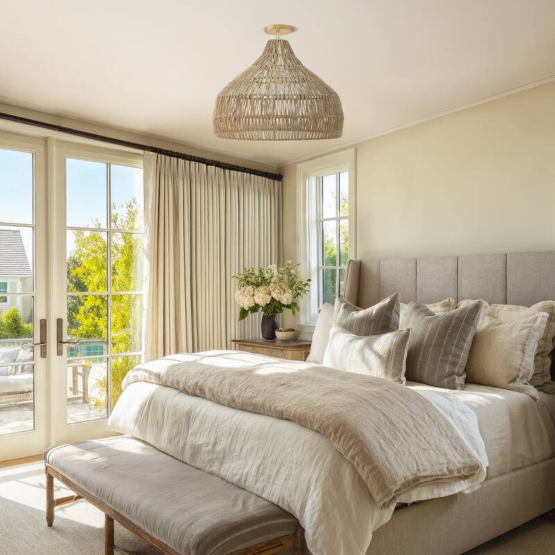 Dreamy Flush Mount Light - Palm Fibers & Brown 1-Light Dome Ceiling Light for Bedroom or Hallway in Modern, Mid-Century Style