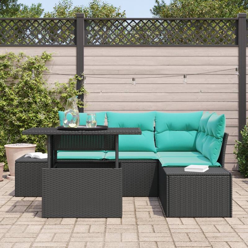 vidaXL 5 Piece Garden Sofa Set with Cushions Black Poly Rattan - 82.3×60.6×27.2