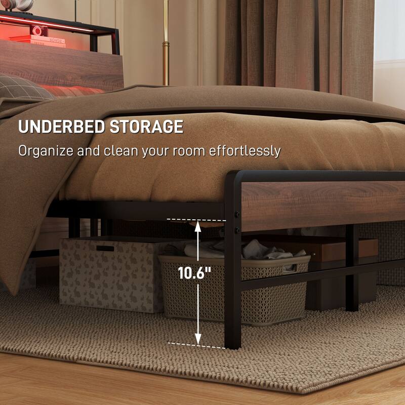 Walnut Platform Bed Frame with USB Charging and RGB LED Lights 3-Tier Storage and Noise-Reducing Mats