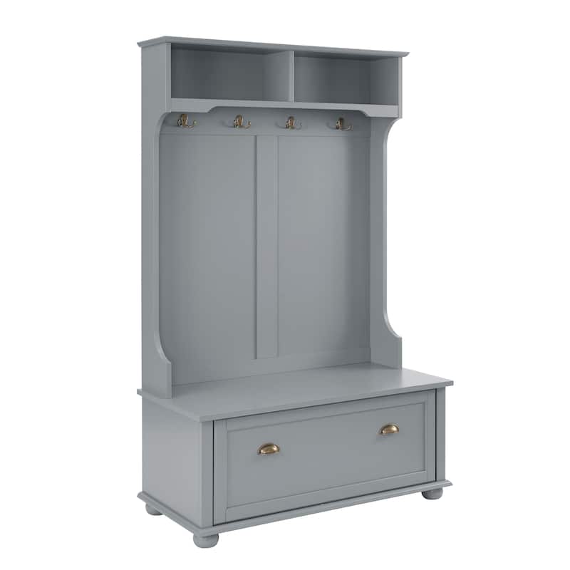 40" Hall Tree with Shoe Rack Bench and Coat Hooks, Entryway Bench with Open Shelves and Shoe Cabinets