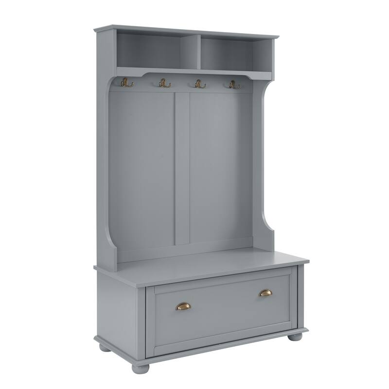 Classic Cosatal Style Hall Tree Entryway Bench with Open Shelves and Shoe Cabinets, SOLID WOOD Feet