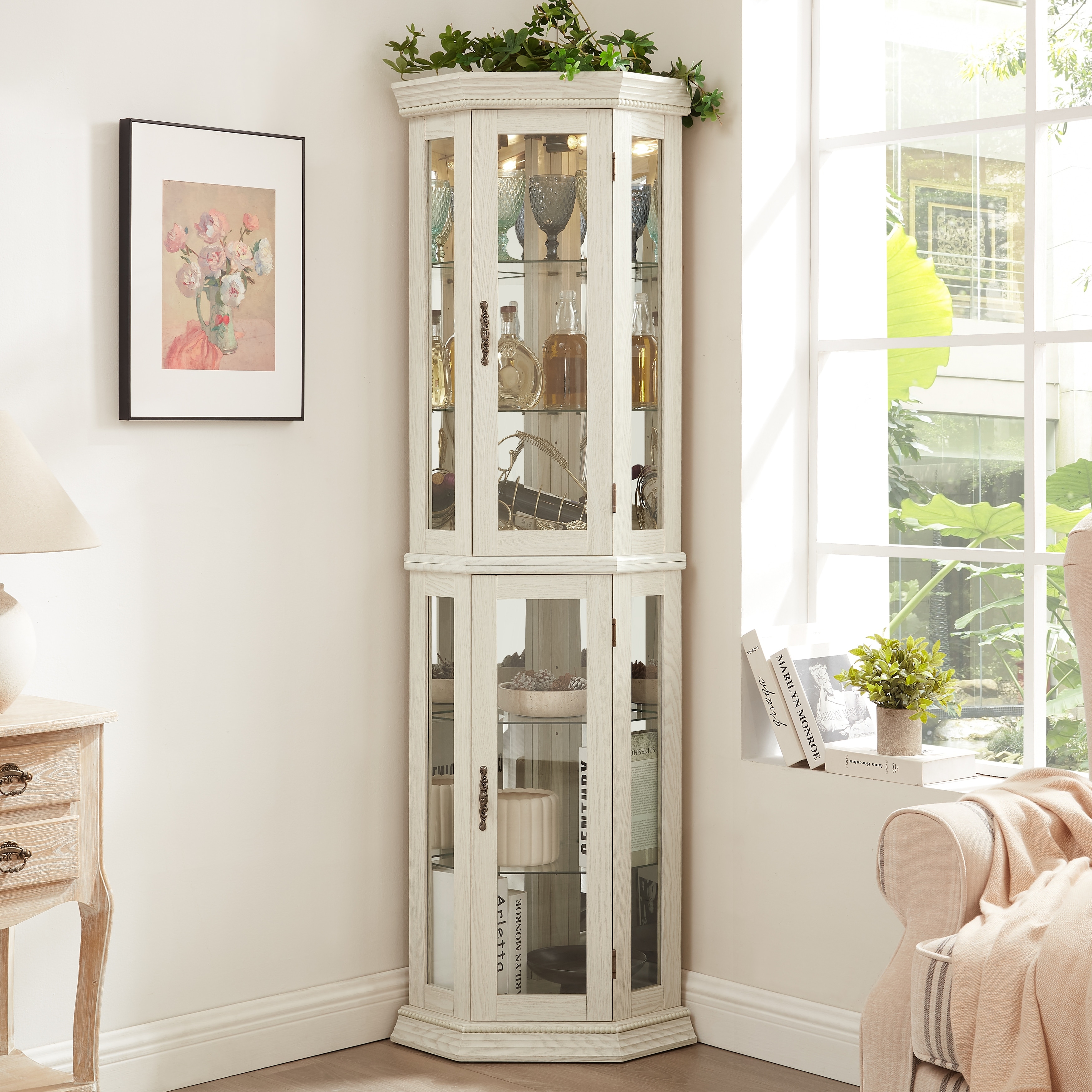 GDFStudio - Traditional Storage Corner Curio Cabinet with Lighted Glass Shelves