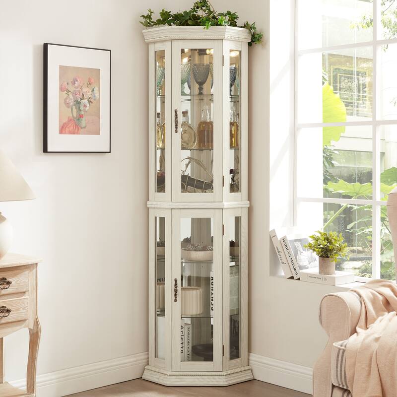 GDFStudio - Traditional Storage Corner Curio Cabinet with Lighted Glass Shelves - White