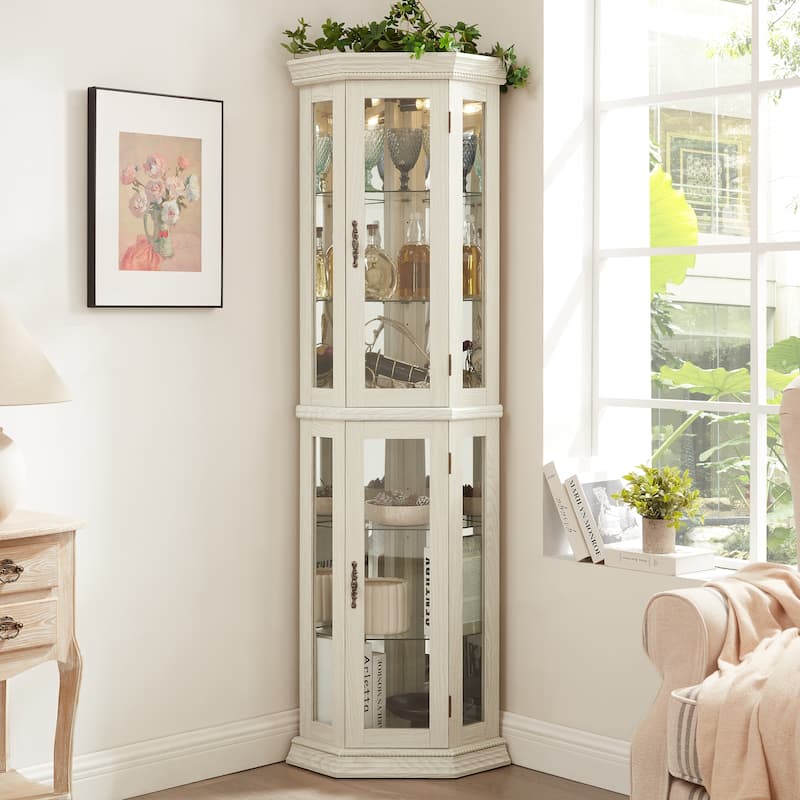 Lighted Corner Curio Cabinet Glass Display Shelf Tempered Doors Adjustable Shelving White