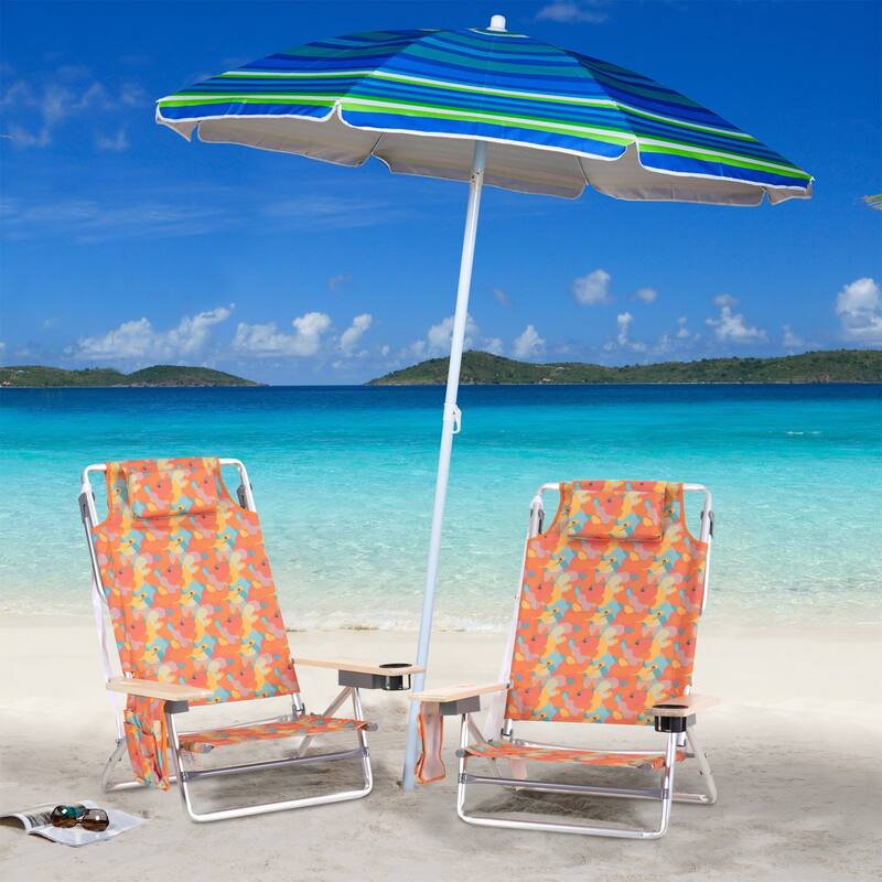 2-Piece Lightweight 5-Position Folding Lay Flat Beach Chairs with Tower Bar