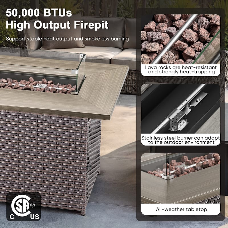 Meyreso 41 in. Rectangular Brown Wicker and Metal Propane Gas Outdoor Fire Pit Table with Lava Rocks, 50000 BTU