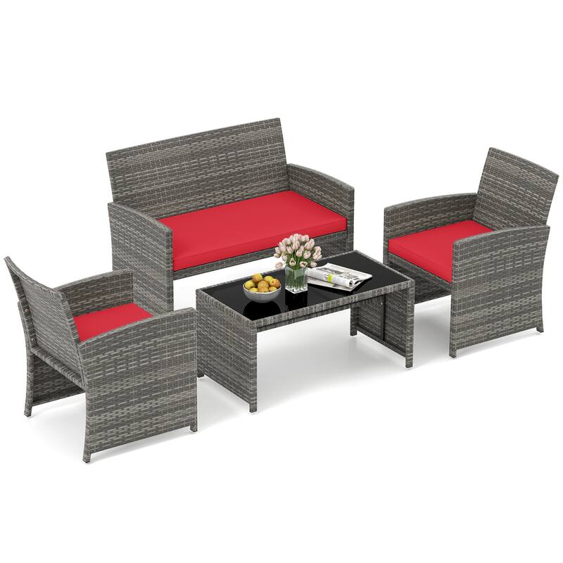 4 Piece Outdoor Patio Furniture Set Mix Gray PE Rattan Loveseat Armchairs and Tempered Glass Coffee Table with Cushions