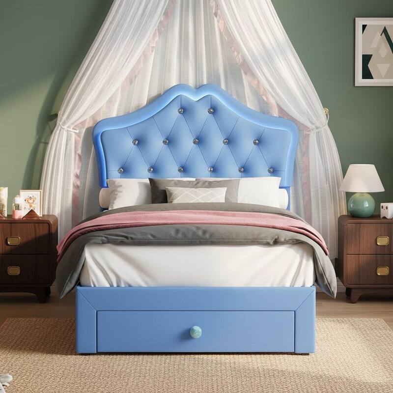 Bed Frame, with LED Lights and Storage Drawer - Blue