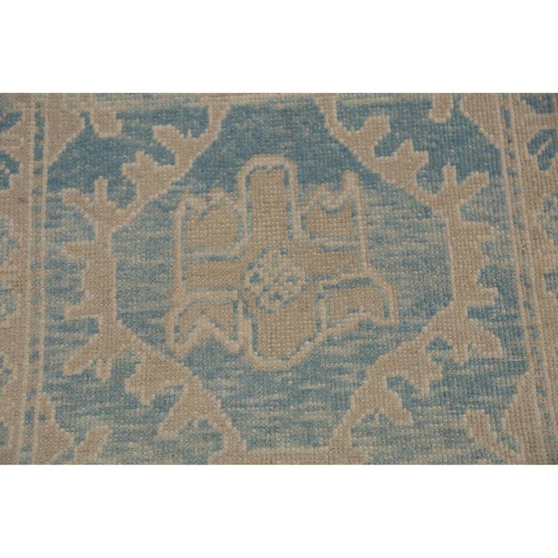 Hand Knotted Oriental 100% Wool Carpet Transitional Geometric Navy Blue & Blues Oushak Runner Rug - 13' 1'' X 3' 6''