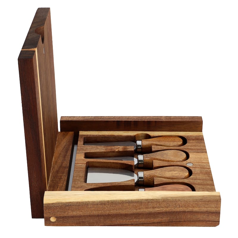 MegaChef Acacia Wood 5 Piece Square Cheese Board with Knife Set