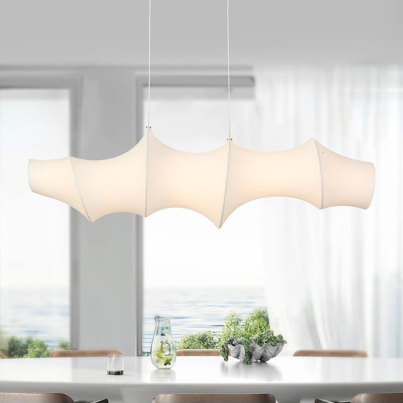 Modern 1-Light LED White Linear Island Chandelier Sculptural Silk Shade - White & Gold - W43.3"*D11.4"*H12.6"