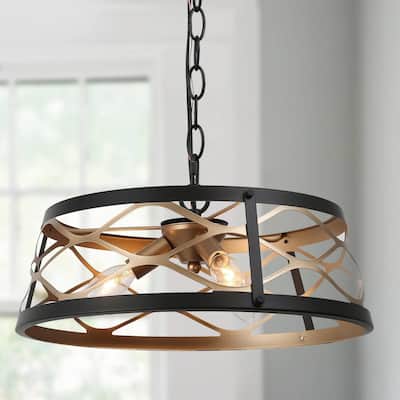 Modern Farmhouse Drum Geometric Chandelier Black Gold Semi-Flush Mount Foyer Ceiling Light - D15.5"x H7"