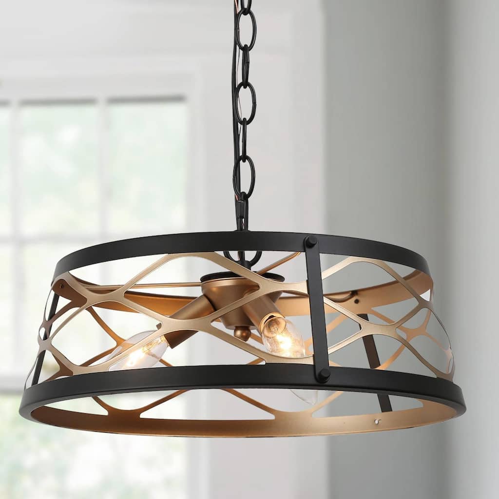 Modern Farmhouse Drum Geometric Chandelier Black Gold Semi-Flush Mount Foyer Ceiling Light - D15.5"x H7"