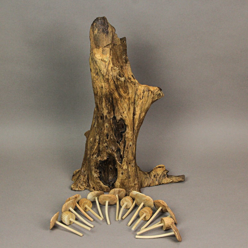 20 Inch Carved Wood Mushroom Sculptures On Base Statue - 20 X 8 X 6 inches