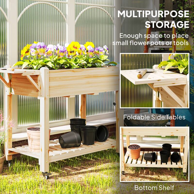 Raised Garden Bed with Storage Shelf and Foldable Ledges Fir Wood Planter for Indoor Outdoor Gardening
