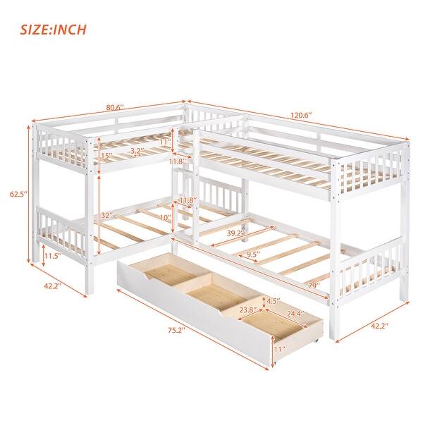 dimension image slide 0 of 2, L-Shaped Twin Bunk Bed with Drawers, Pine Frame, No Box Spring Needed