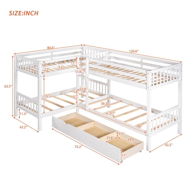 L-Shaped Twin Quad Bunk Bed in Wood with Integrated Drawers
