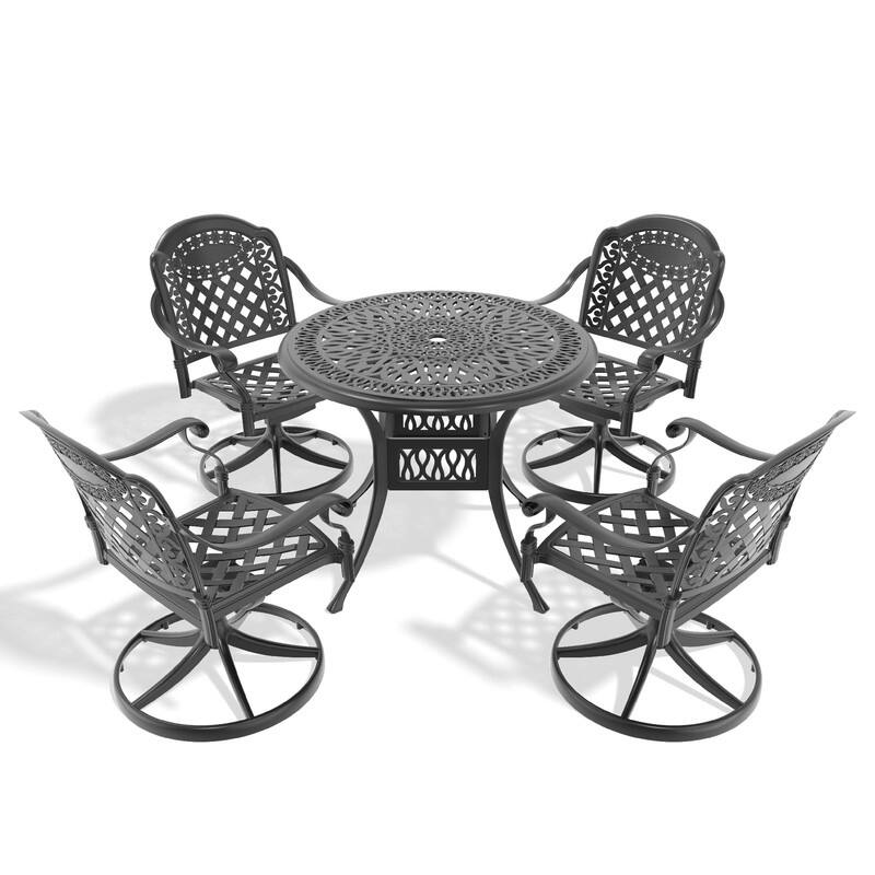 5-Piece Aluminum Round Outdoor Patio Dining Set, 4 Cushioned Swivel Chairs, Table, All-Weather Frames