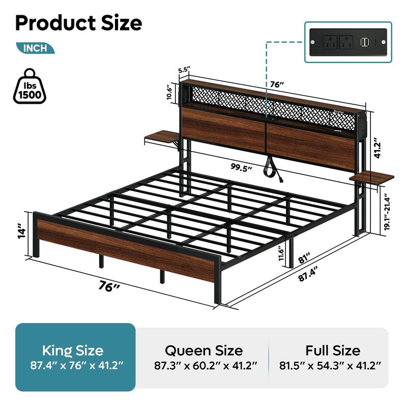 Platform Bed with LED Upholstered Storage Headboard Charge Station Foldable Bedside Shelf