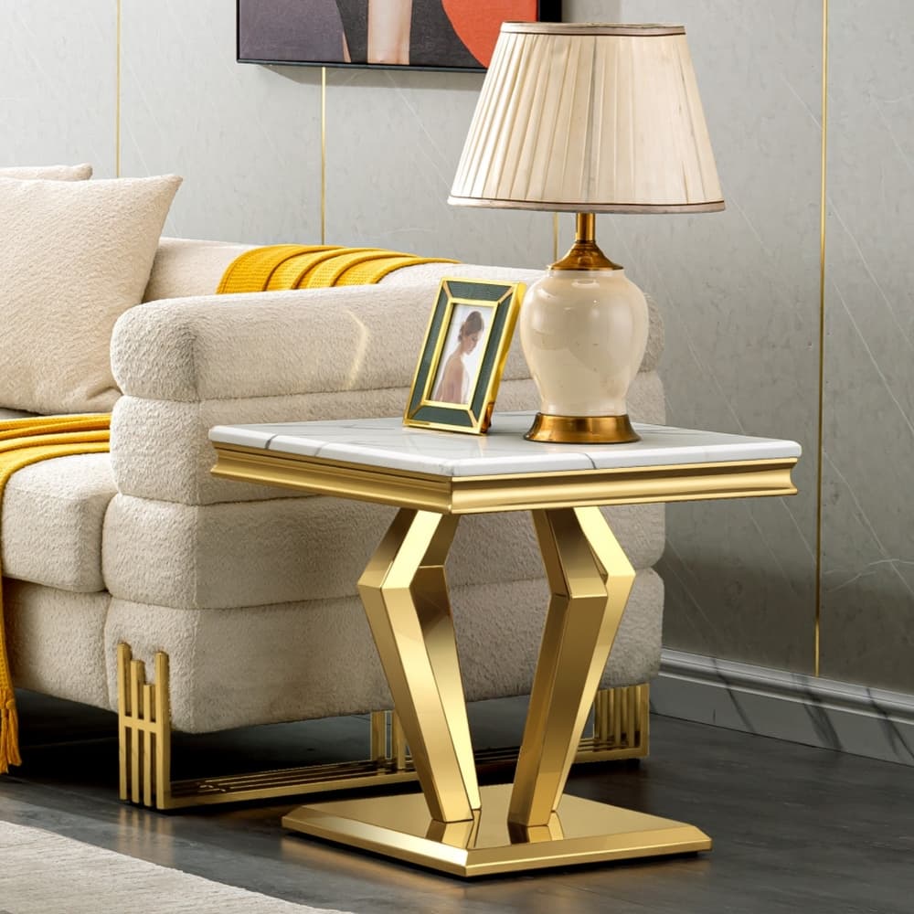 End Table with mirror Geometric Metal Base for Living Room, Bedroom, Sofa Couch