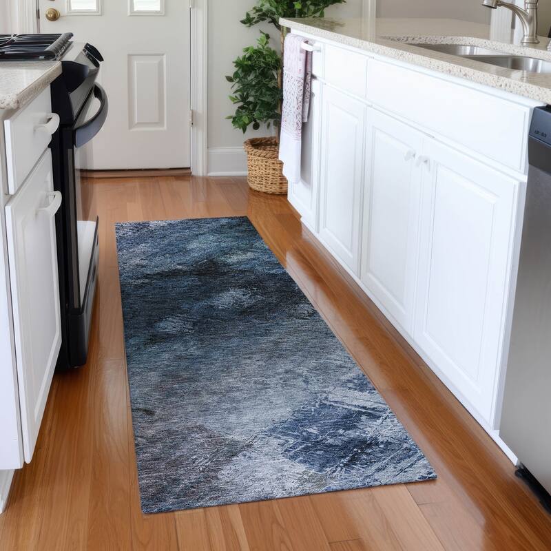 Machine Washable Indoor/ Outdoor Chantille Abstract Watercolor Rug - 2'3" x 7'6" - Blue