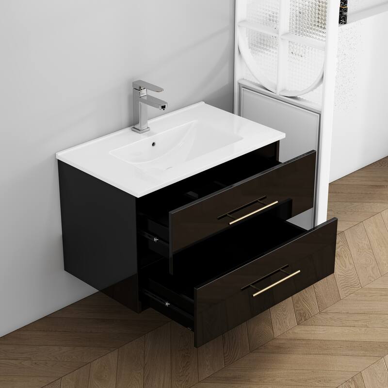 30-Inch Gloss Wall-Mounted Bathroom Vanity with Sink Combo, Double Drawers,Ceramic Sink,Long Metal Handle