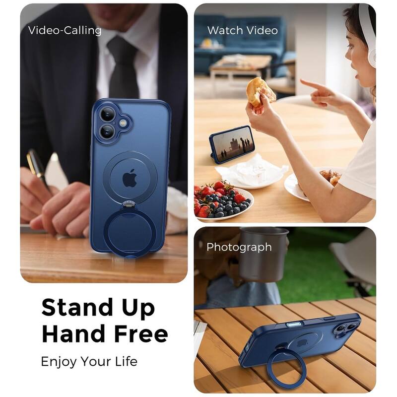 iPhone 16 360° Adjustable Stand Compatible with MagSafe, Translucent Cover with Magnetic Ring Case Non-Slip and Shockproof