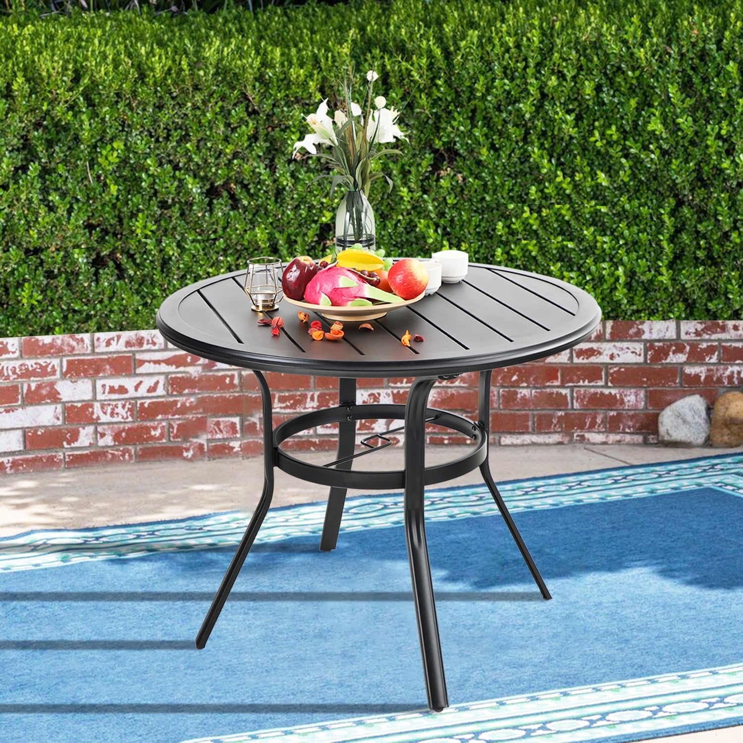Outdoor Patio Dining Table All Weather Round Metal Bistro Table with Umbrella Hole for Backyard Lawn Garden