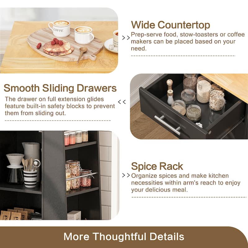 Rolling Kitchen Island with Storage Cabinet & Spice Rack & Drawer – Rubber Wood Top