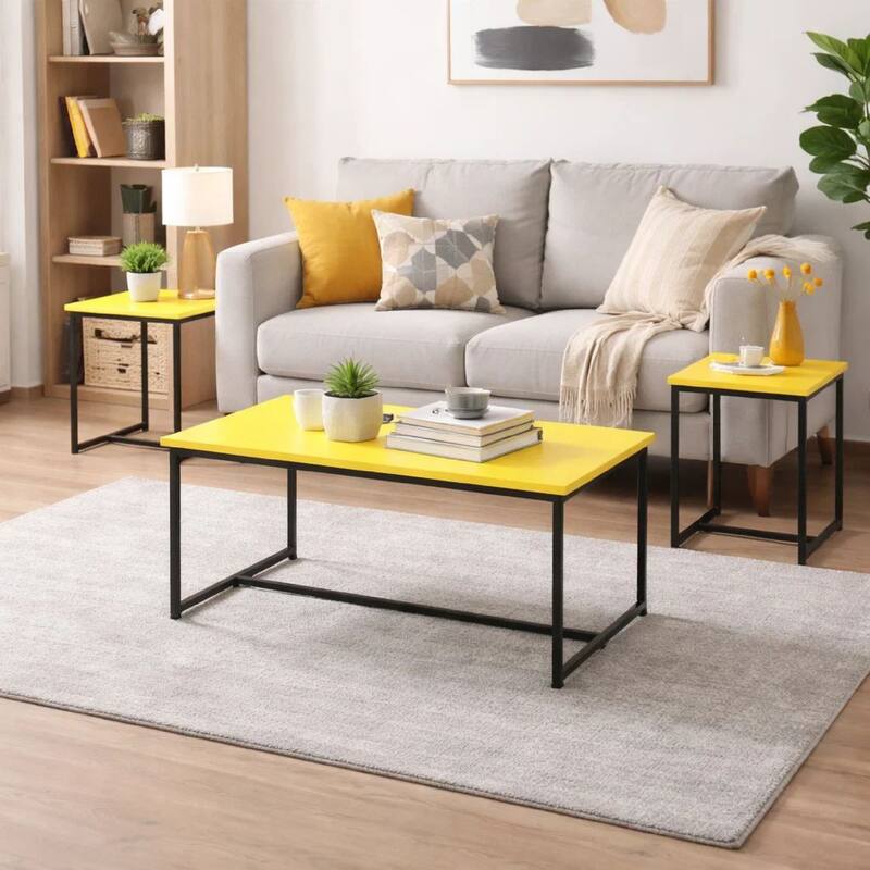 Ont 3 Piece Coffee Table and End Table Set, Yellow Carbon Fiber Top