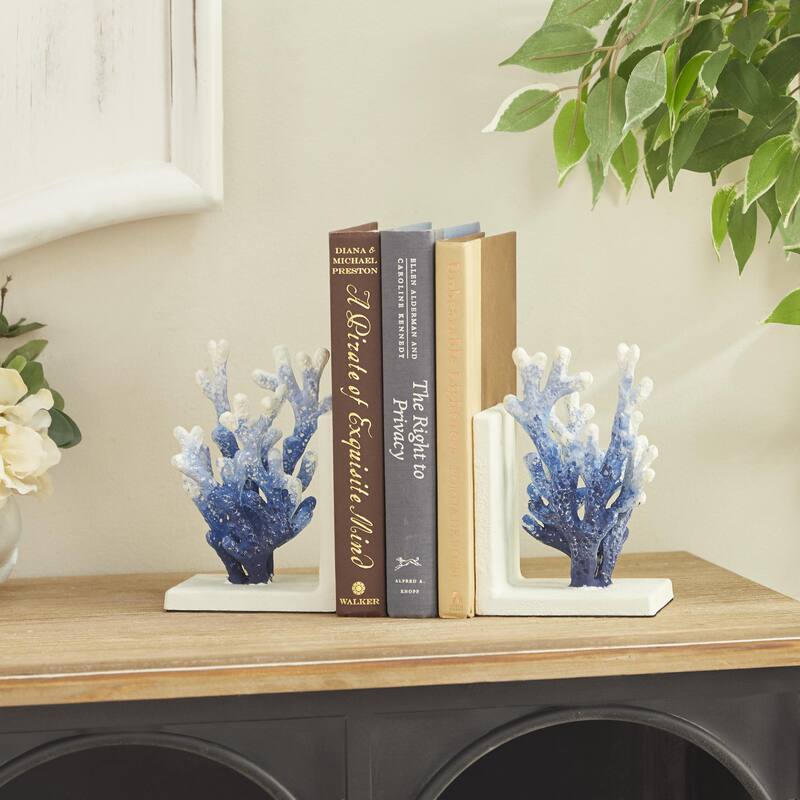 Metal Coral Decorative Bookends - Set of 2 White or Blue - Roche River Decor