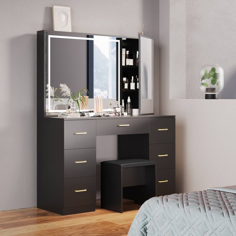 Vanity Set with Lighted Mirror,Extra Large Mirror Makeup Vanity Table with 7 Drawers,white