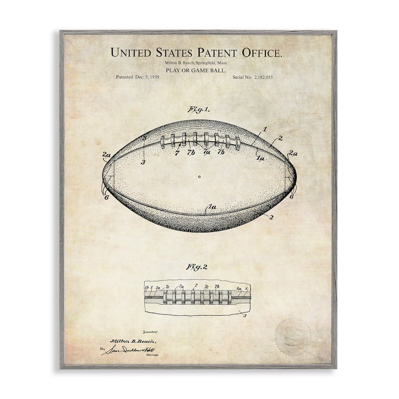 Stupell American Football Sports Patent Diagram Blueprint Design Framed Wall Art - Beige