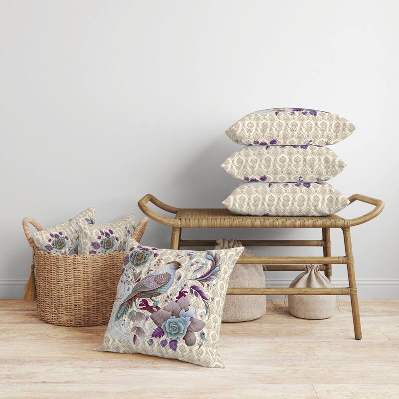 Beige And Multi Songbird Rose Radiance Faux Suede Throw Pillow Zipper