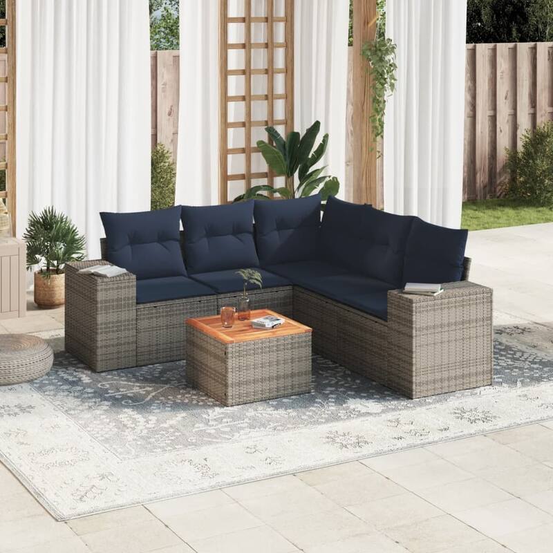 vidaXL Patio Sofa Set with Cushions Outdoor Furniture 6 Piece Poly Rattan - 24.4x 24.4x 27.2