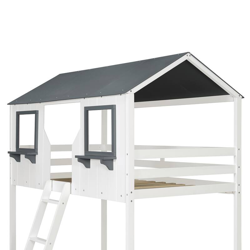 Kids House Bed Twin Over Twin Bunk Bed with Roof, Window and Shelves