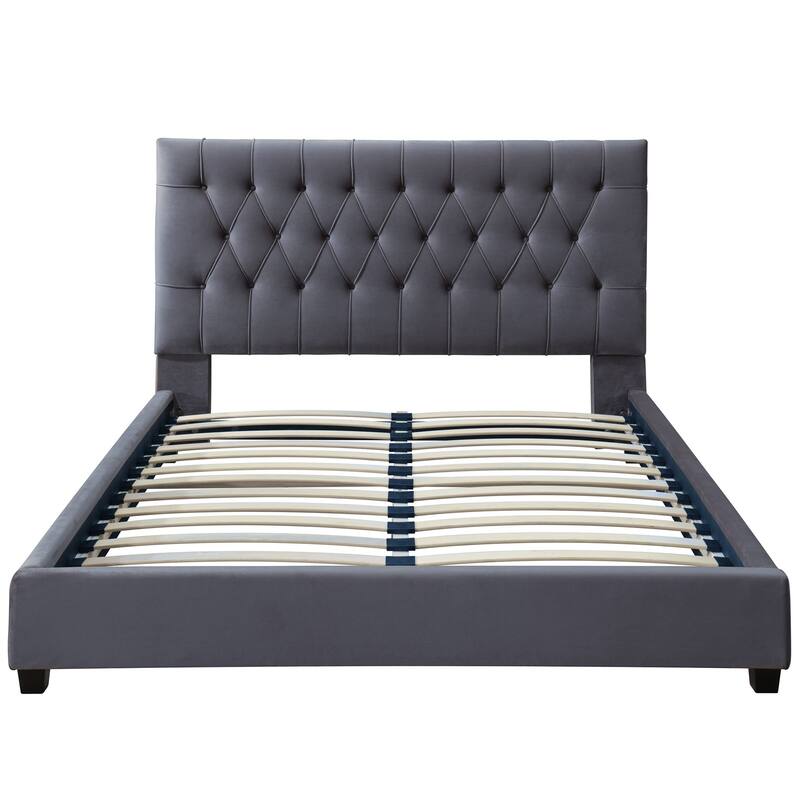 Queen Size Velvet Mid-Century Platform Bed with Tufted Headboard and Solid Wood Legs