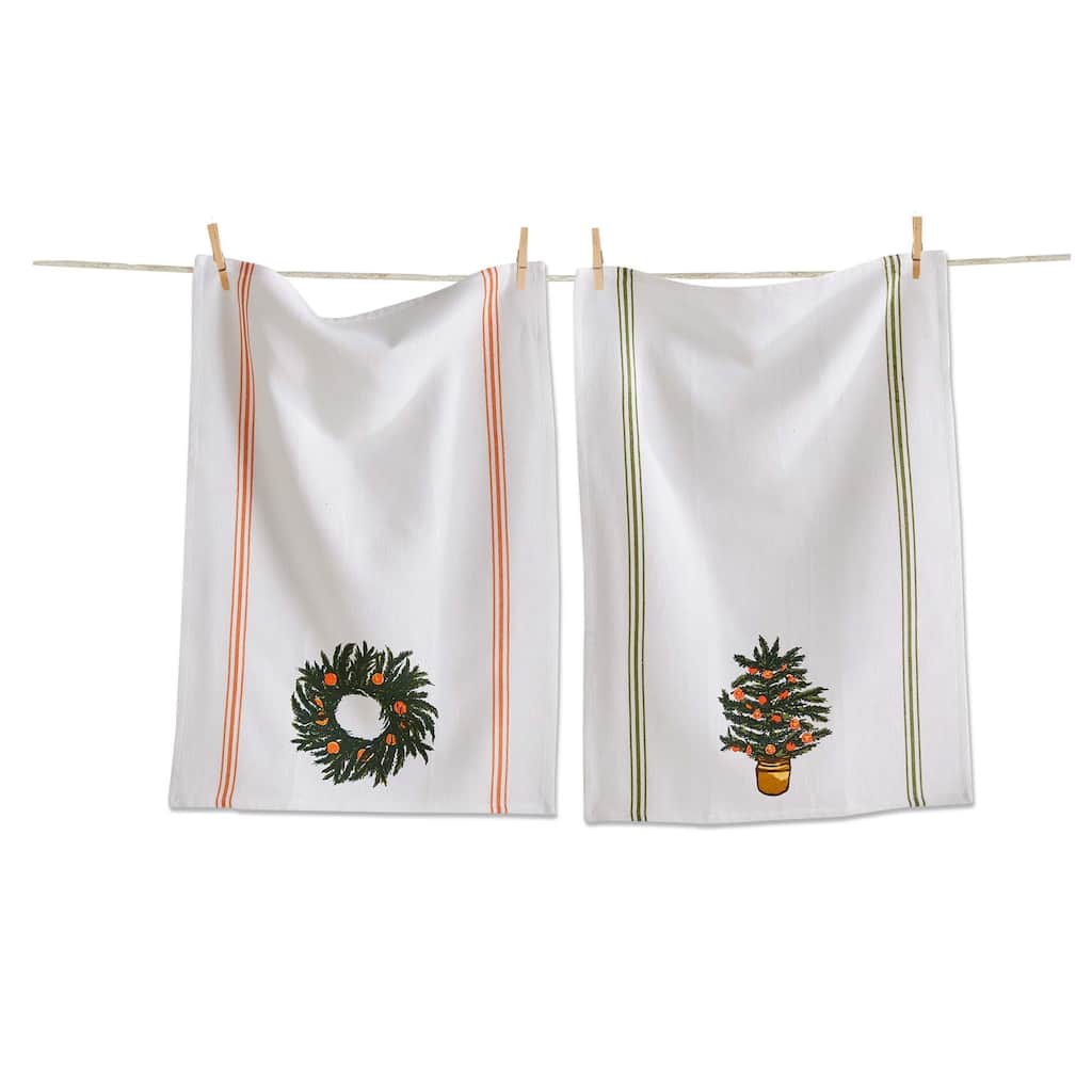 Citrus Tree & Wreath Dishtowel Set - Cotton Kitchen Towels for Christmas - White Multi - 26x18 inches - Machine Washable