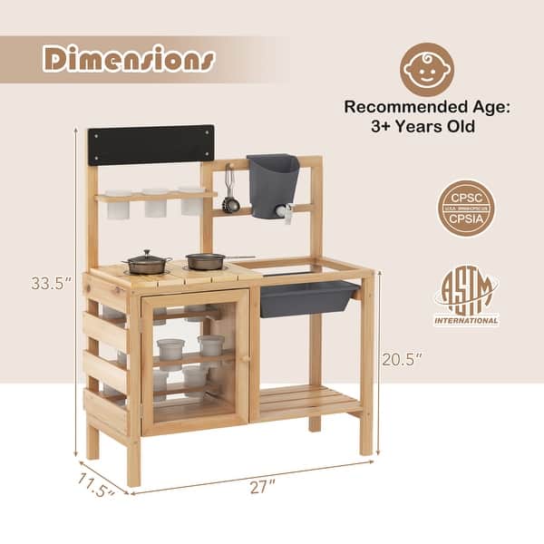 Natural Wooden Backyard Mud Kitchen for Kids with Real Water Play Sink Garden Cups and Cooking Set - 27" L x 11.5" W x 33.5" H