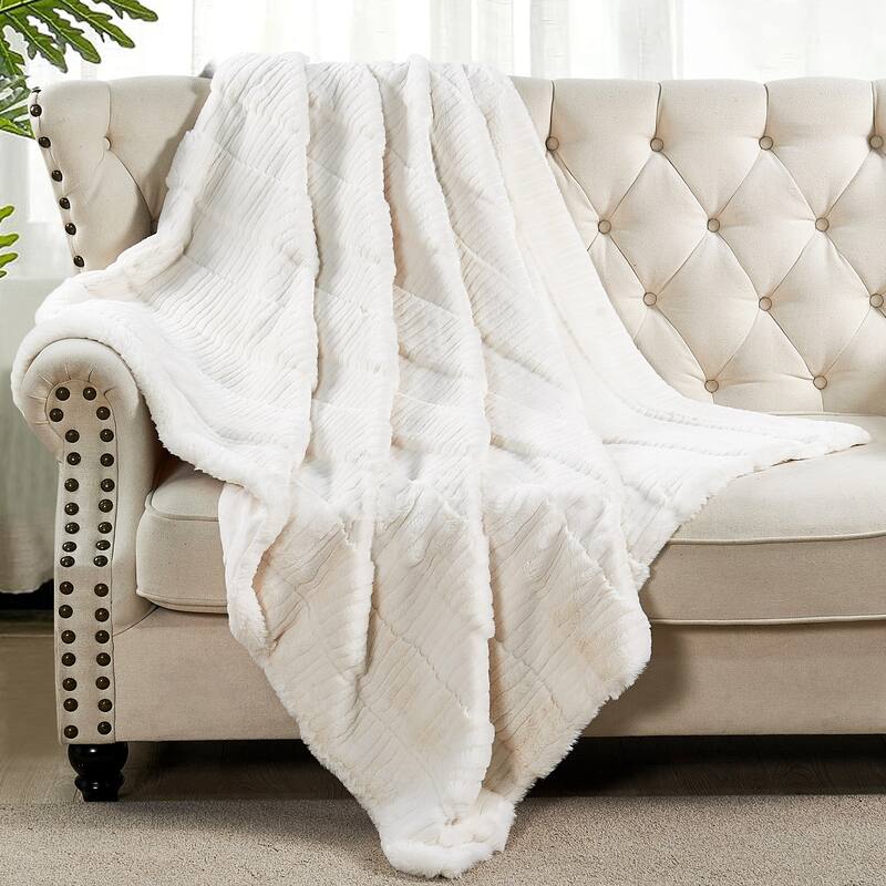Sculpted Stripe FauxFur Throw Super Soft Cozy Blankets for Couch - 50" x 60" - White